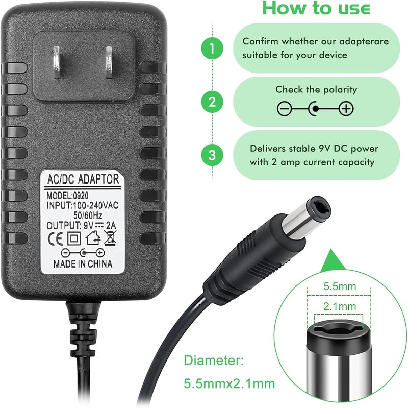MADOWL AC DC Power Supply Adapter Charger, 9V,2A, 110V AC, 5.5 x 2.1mm Center Positive, Compatible with Guitar Pedal, Piano Keyboard - Image 3